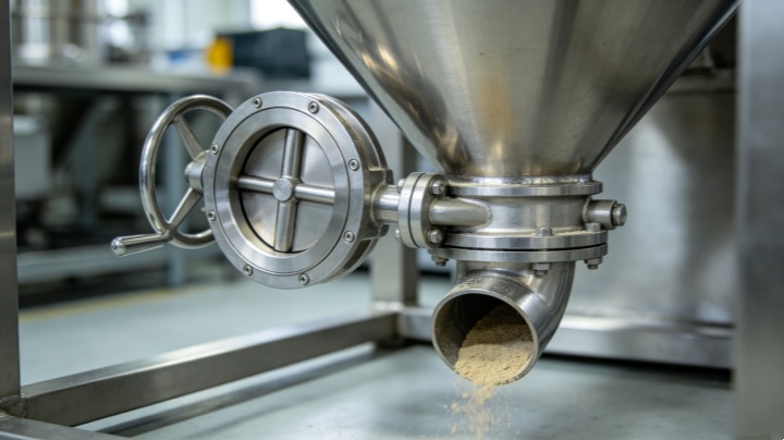 Stainless steel discharge butterfly valve on a pigment mixing machine for dust-free operation