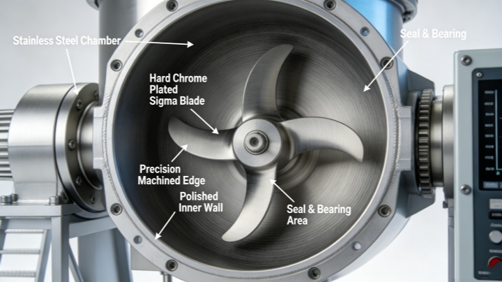 Stainless steel mixing chamber and sigma blades of rubber and plastic thermal mixer