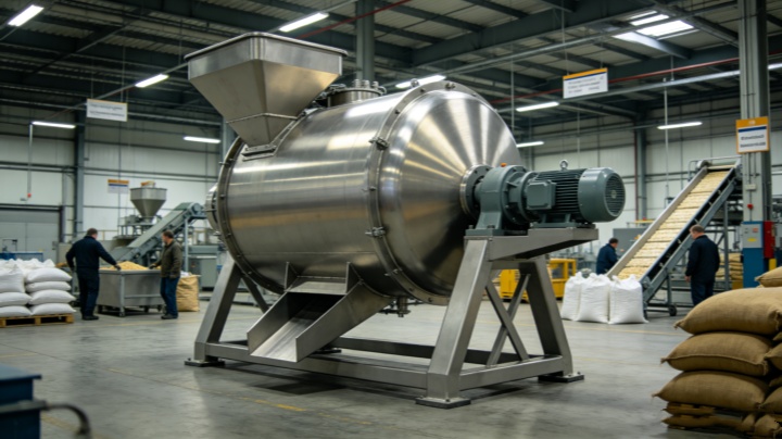 Three coffee powder mixers of different sizes - small lab unit, medium paddle mixer, and large industrial plough mixer for food-grade applications