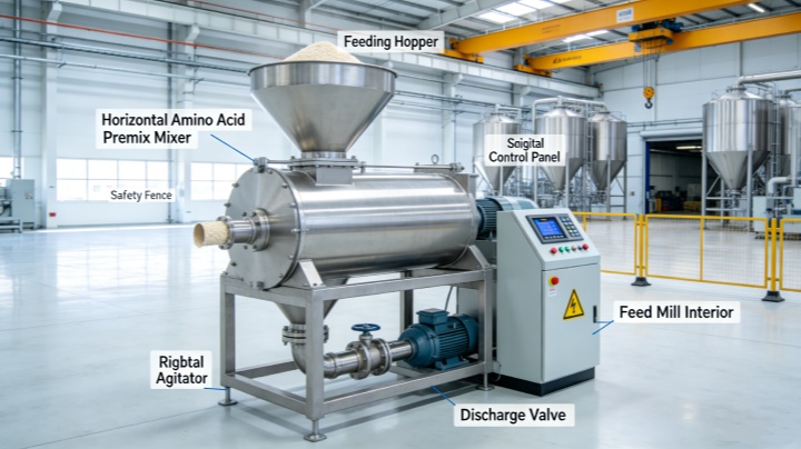 Horizontal amino acid premix feed mixer in a modern feed mill production line.