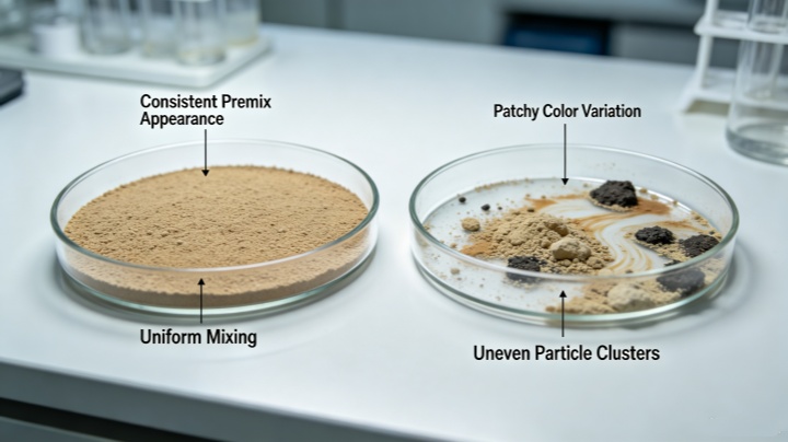 Comparison of uniform amino acid premix blend versus poorly mixed feed with visible segregation.