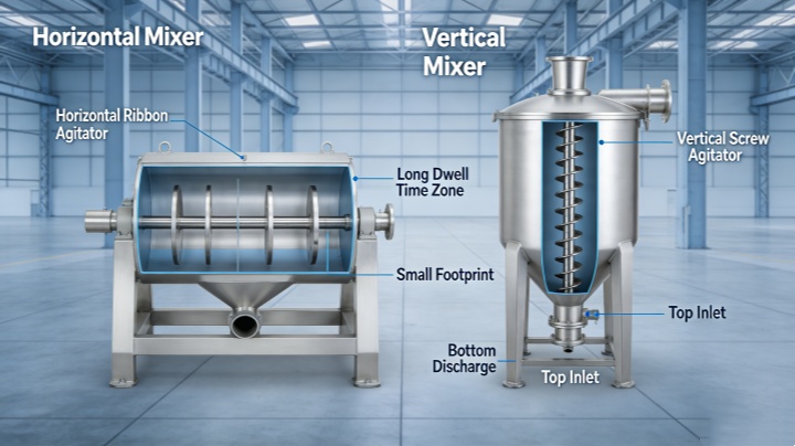 Vertical versus horizontal feed mixer comparison for amino acid premix blending applications.