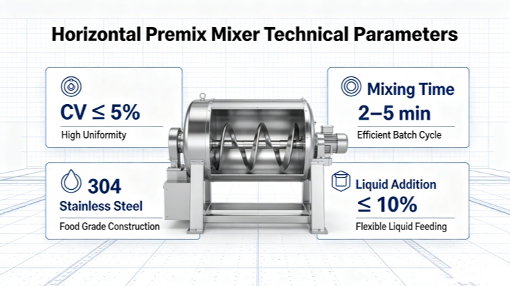 Technical specification infographic for amino acid premix mixer with CV, capacity and material details.